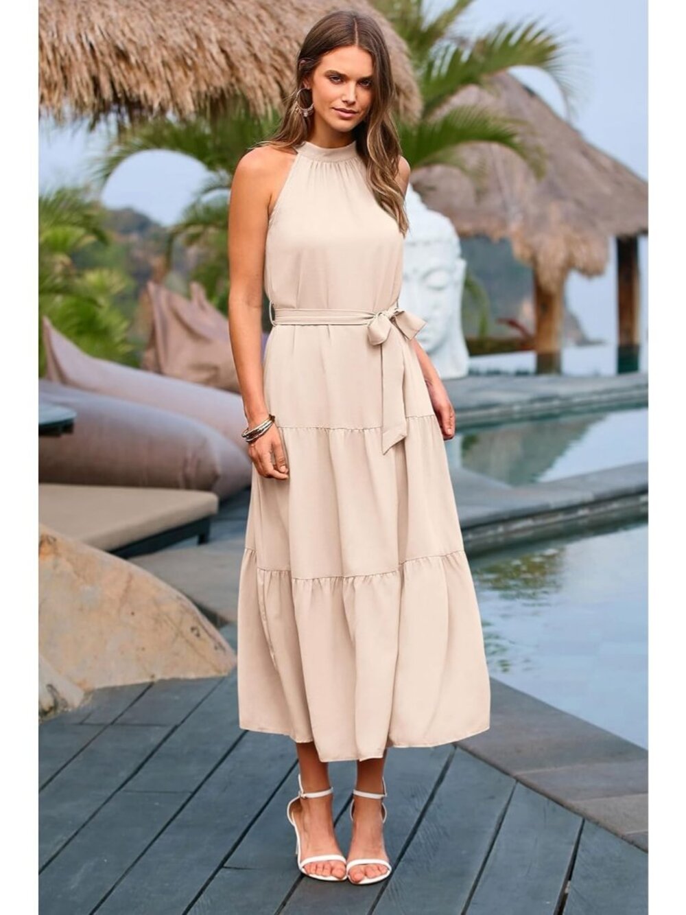 Women's Solid Beige Sleeveless Halter Neck High Waist Backless Maxi Dress - Picture 5 of 6
